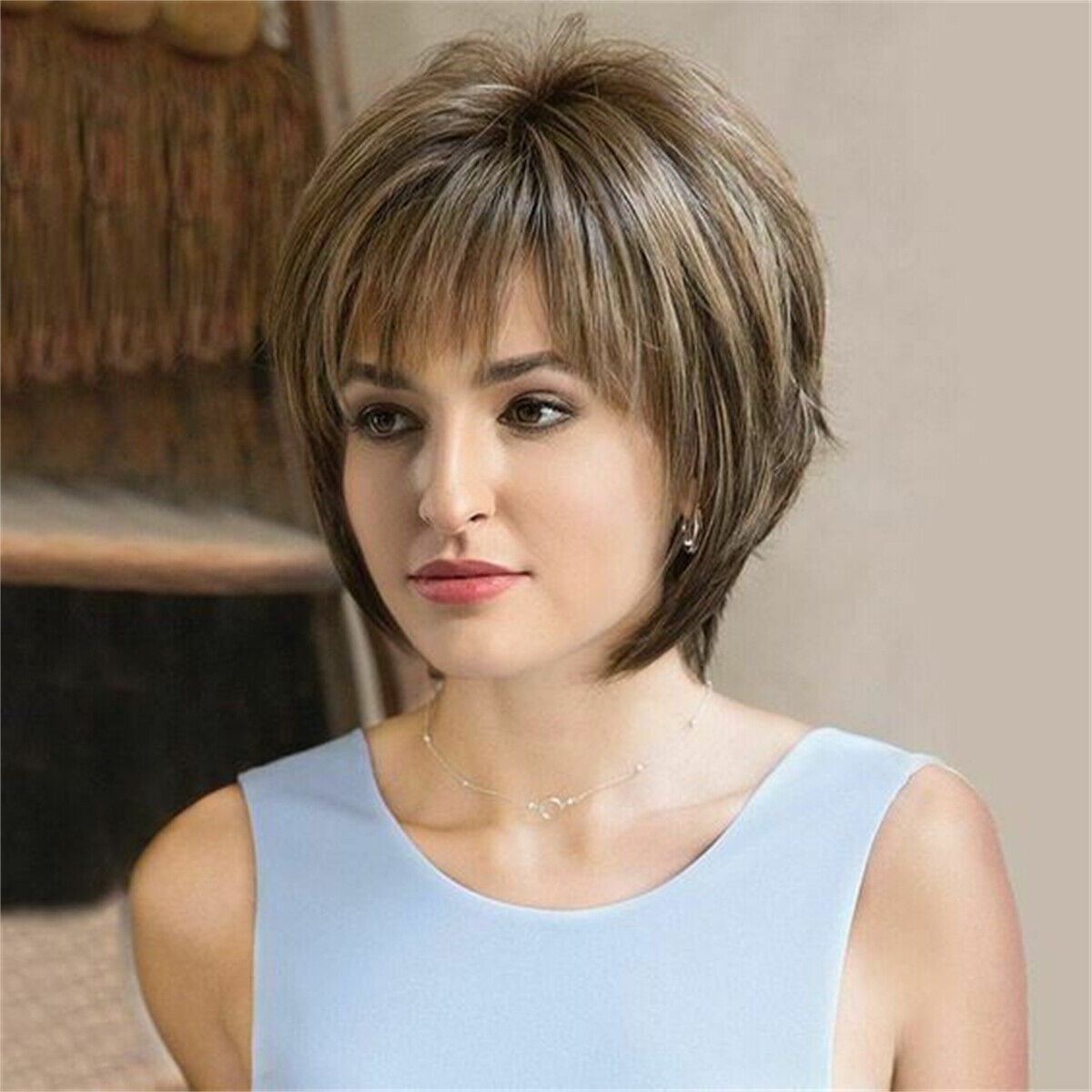 Short Straight Wig with Bangs Brown Highlight Blonde Synthetic Wigs for Women
