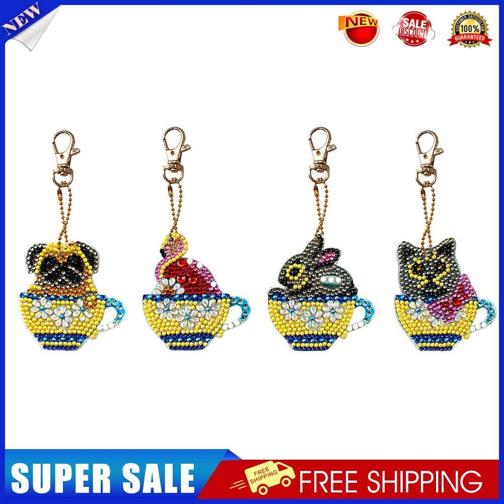 4x DIY Diamond Painting Keychains Cup Animal Embroidery Needlework Keyrings