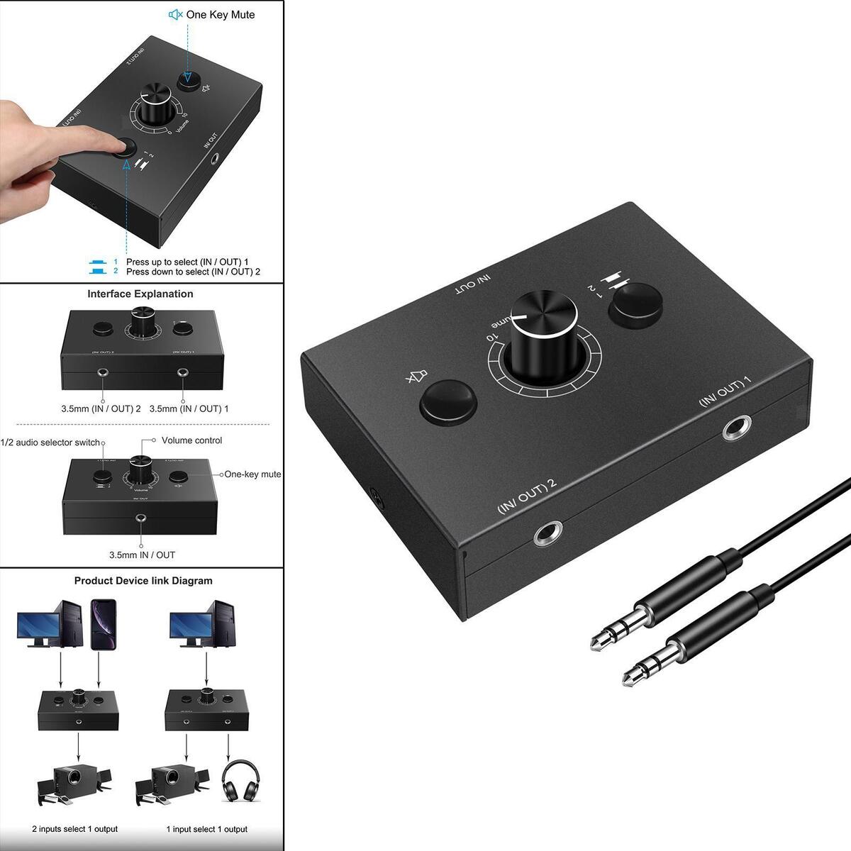 3.5mm Stereo Audio Switcher, 1 Input 2Output 2  Output Signal Source