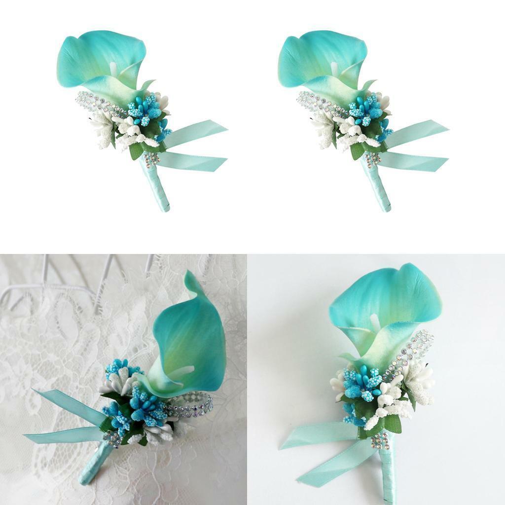 2 Pieces  Calla  Rhinestone Groom Bridal Wedding Corsage Sky
