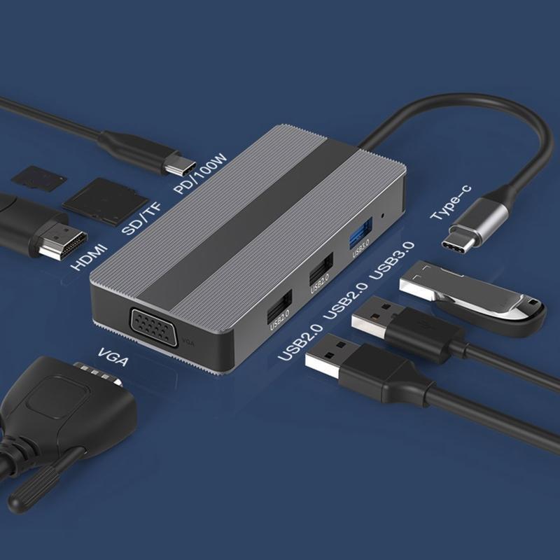 8 in 1 Type C Dock Station to HDMI+VGA TF/SD Reader PD USB3.0 Hub for PC Laptop