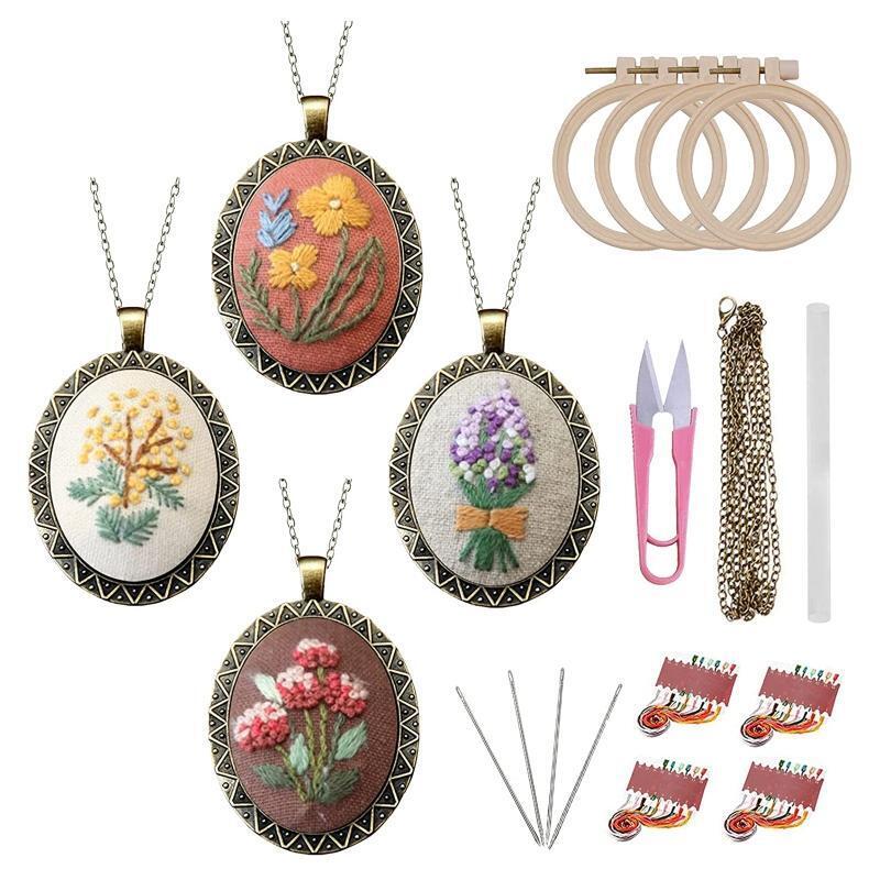 4 Packs Embroidery Starter Kit with Instructions DIY Pendant Cross Stitch Kits
