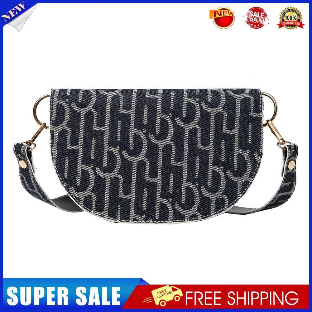 Canvas Printed Crossbody Bag Women Semicircle Saddle Chest Pouch (Black)