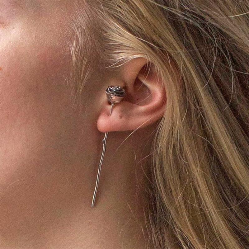 Long Rose Ear Stud Earrings Flower Piercing Earring Fashion Punk Jewelry