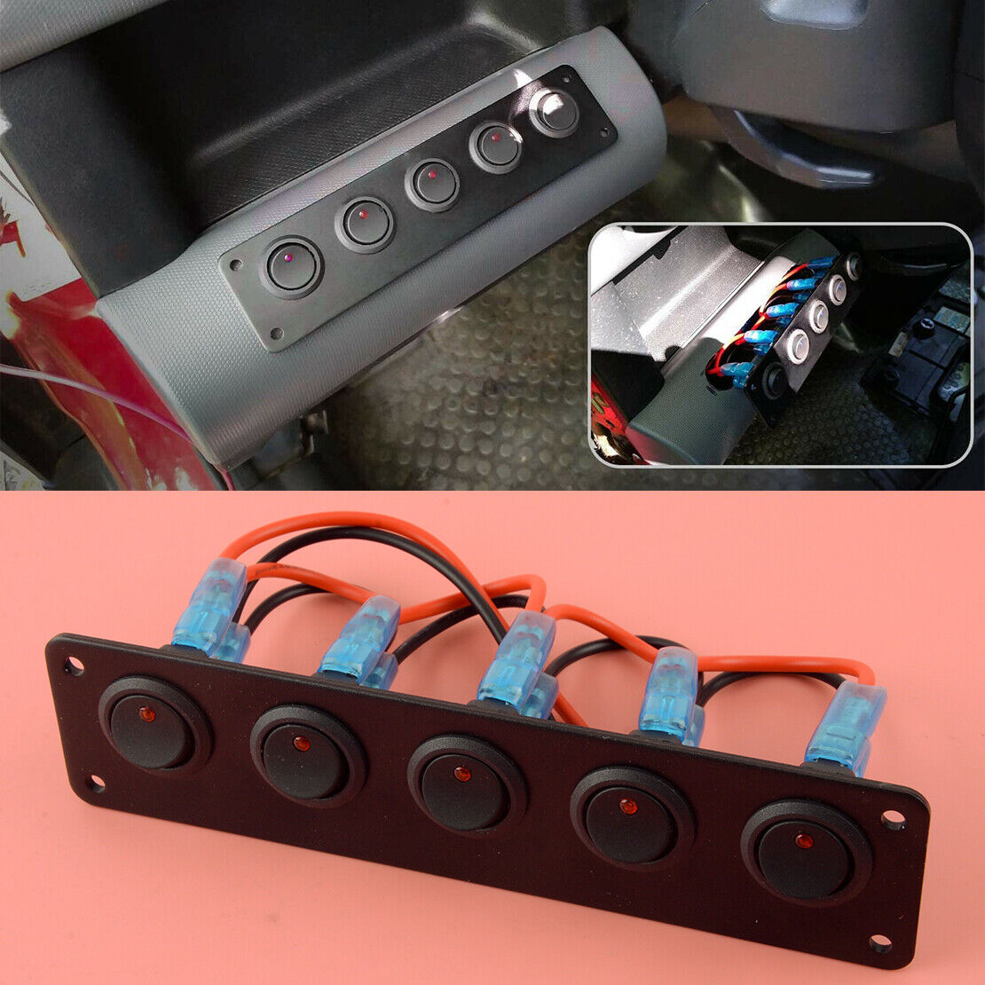 Red LED 5 Gang ON-OFF Rocker Toggle Switch Panel Truck RV Boat Dash 12V-24V ATV
