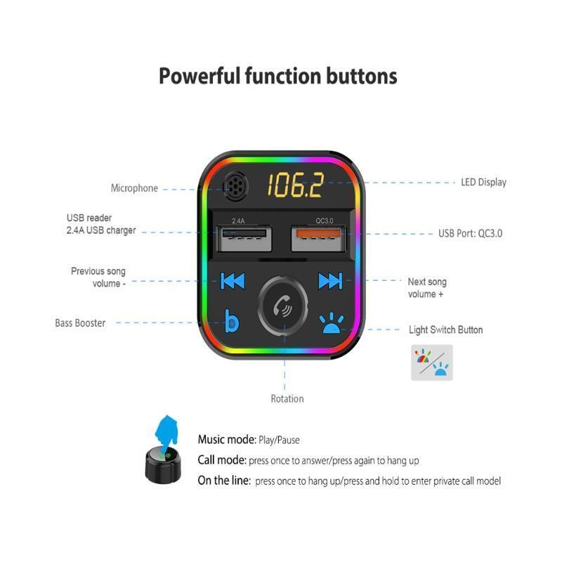 Bluetooth-compatible 5.0 FM Transmitter Car Kit QC3.0 Quick Charge RGB Light