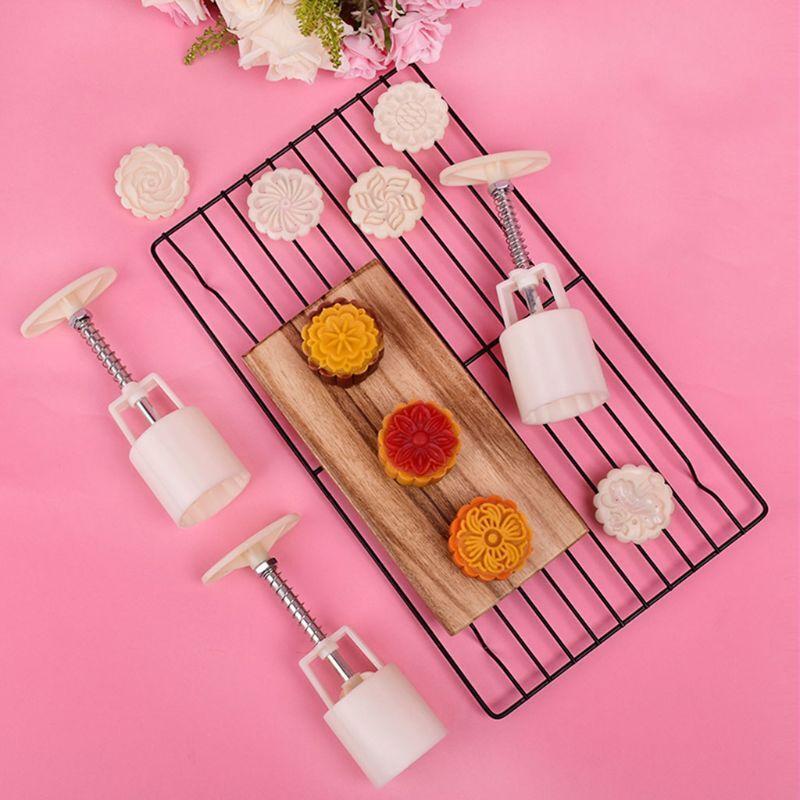 50g Mooncake Mold with 6pcs Flowers Stamps Hand Press Moon Cake Pastry Mould DIY