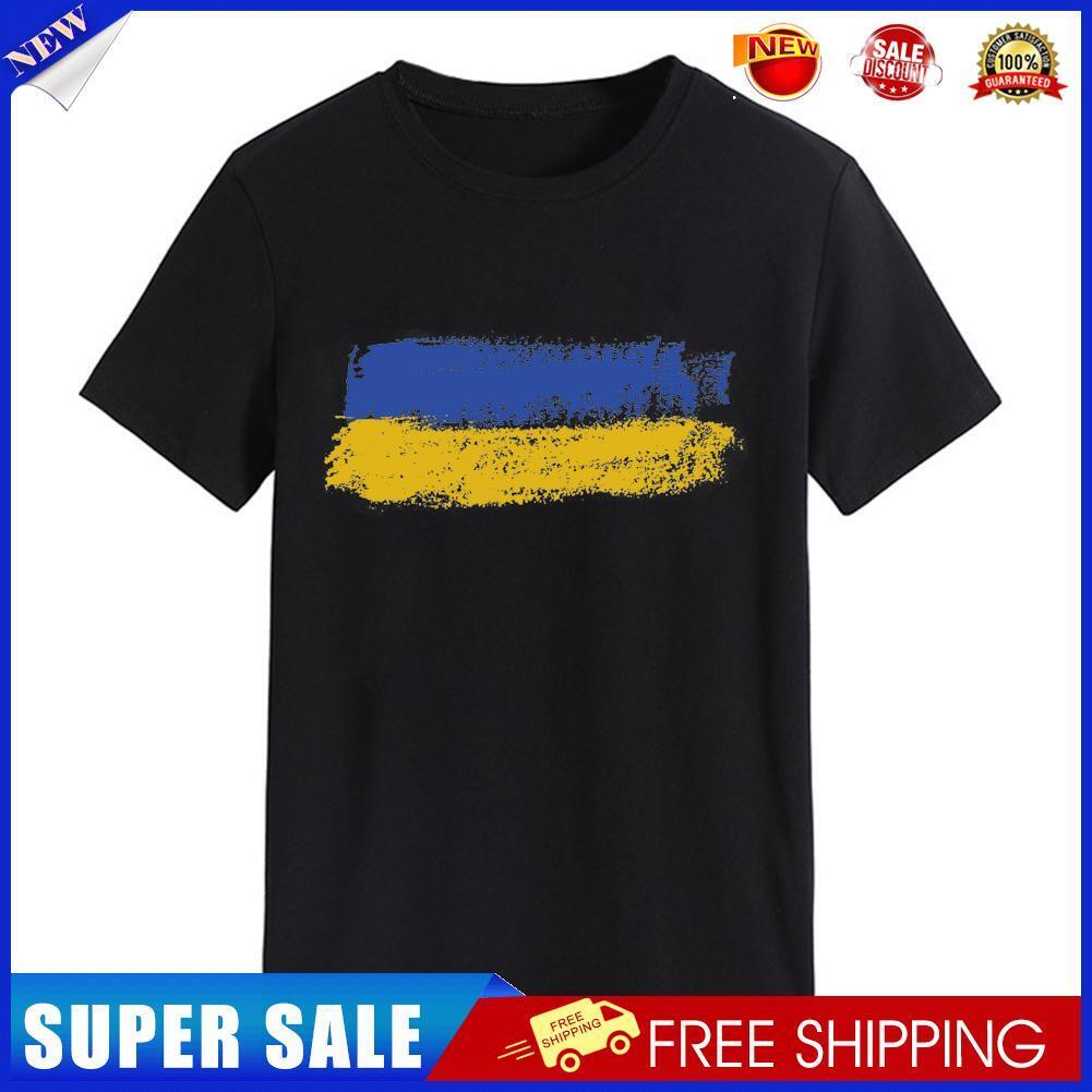 Ukrainian Flag Print Round Neck T-shirt Tee (Black XXL)
