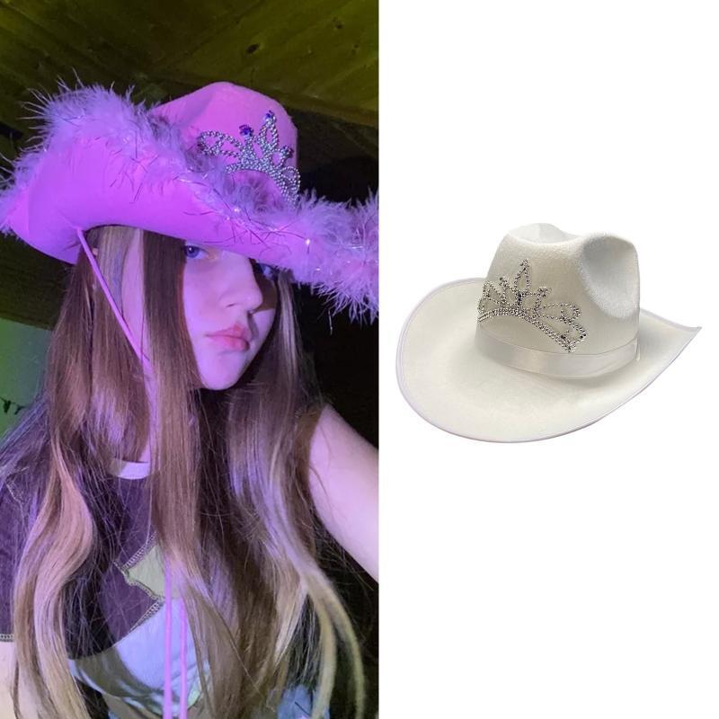 Elegant White Crown Cowgirl Hat Western Cowboy Hat with Drawstring for Festival