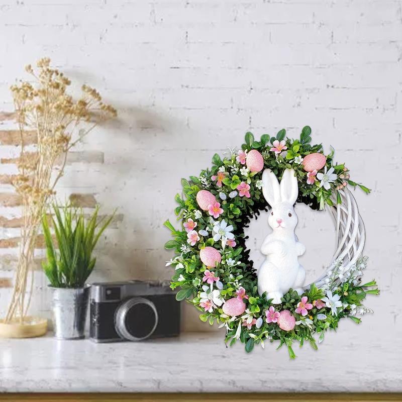 Easter Rabbit Bunny Wreath with Egg Flower Leaf Spring Garland Hanging Ornament