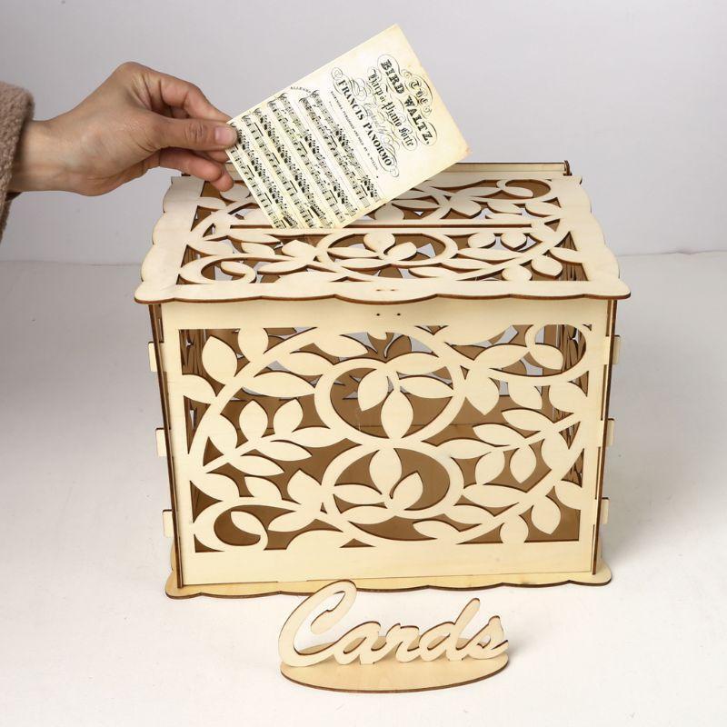 DIY Wedding Gift Leaf Wooden Card Money Box Case With Lock Rustic Beautiful