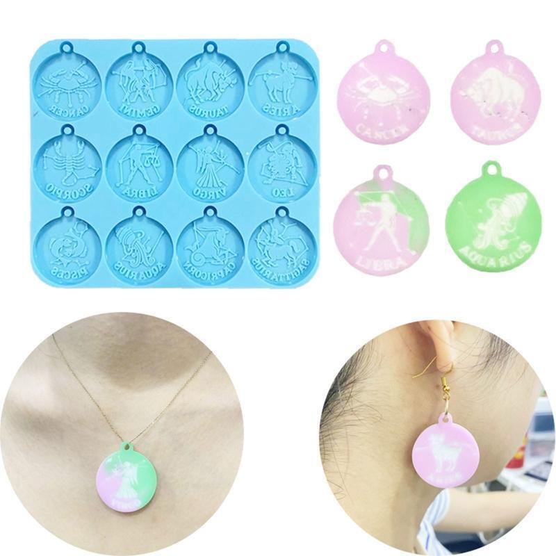 Round Twelve Constellations Earring Pendant Mirror Crystal Epoxy Silicone Mold