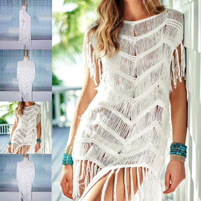 Women Summer Crochet Striped Swimsuit Bikini Cover Up Fringe Tassel Beach Dress