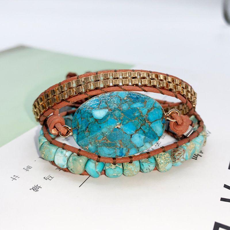 Women Handmade Natural Stone Crystal Hematite Bead Mixed Wrap Leather Bracelet