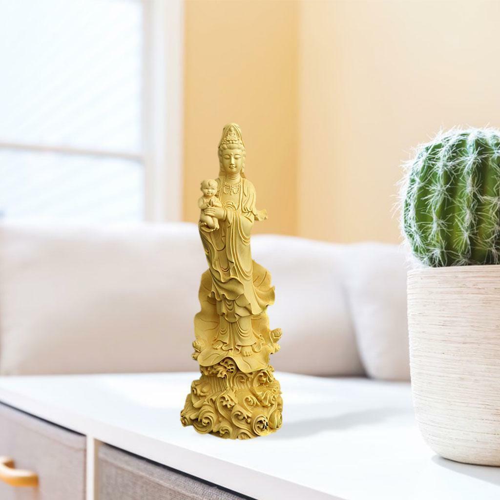 Boxwood Guanyin Sculpture Buddha Statue  for Tabletop Office Decor