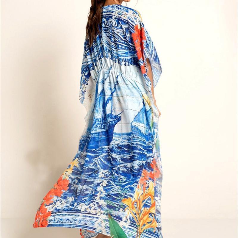 Womens Long Swimsuit Bathing Suit Cover Up Maxi Beach Dress Boho Deep V Neck