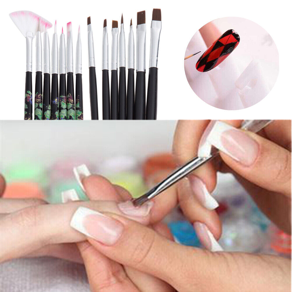 NEW 14 x UV Gel Acrylic Nail Art Flat Brush Painting Tool Set Manicure