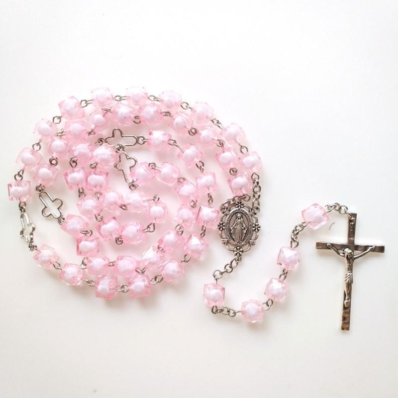 Pink Square Necklace Alloy Long Bead Chain Pendant Yoga Studio Decoration Gift