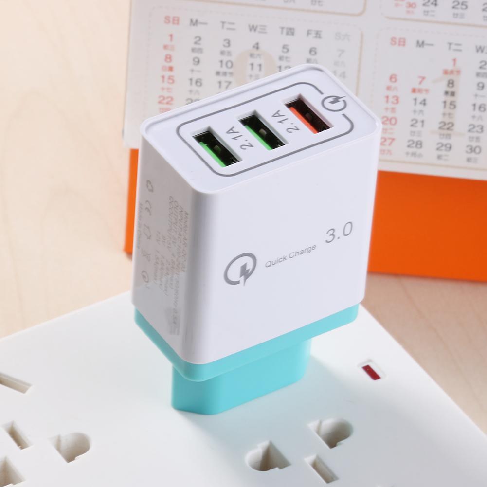 3 Ports USB Charger Mobile Phone QC3.0 Wall Charger Adapter (Light Blue)