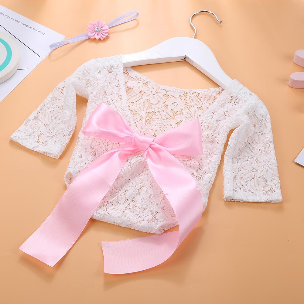2pcs Newborn Shoot Photography Props Girls Lace Rompers Headband (Pink)