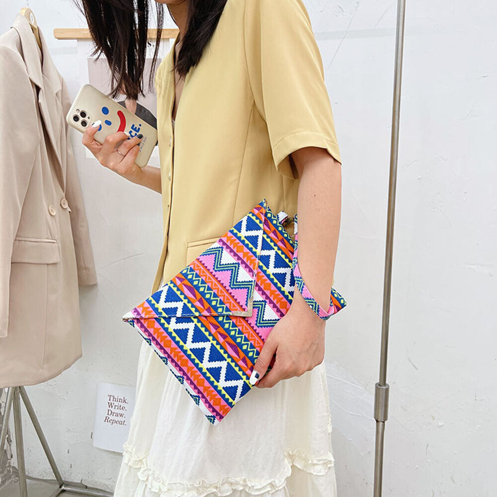 Ethnic Style Women Canvas Print Envelope Wristlet Bag Purse Handbag (Pink)