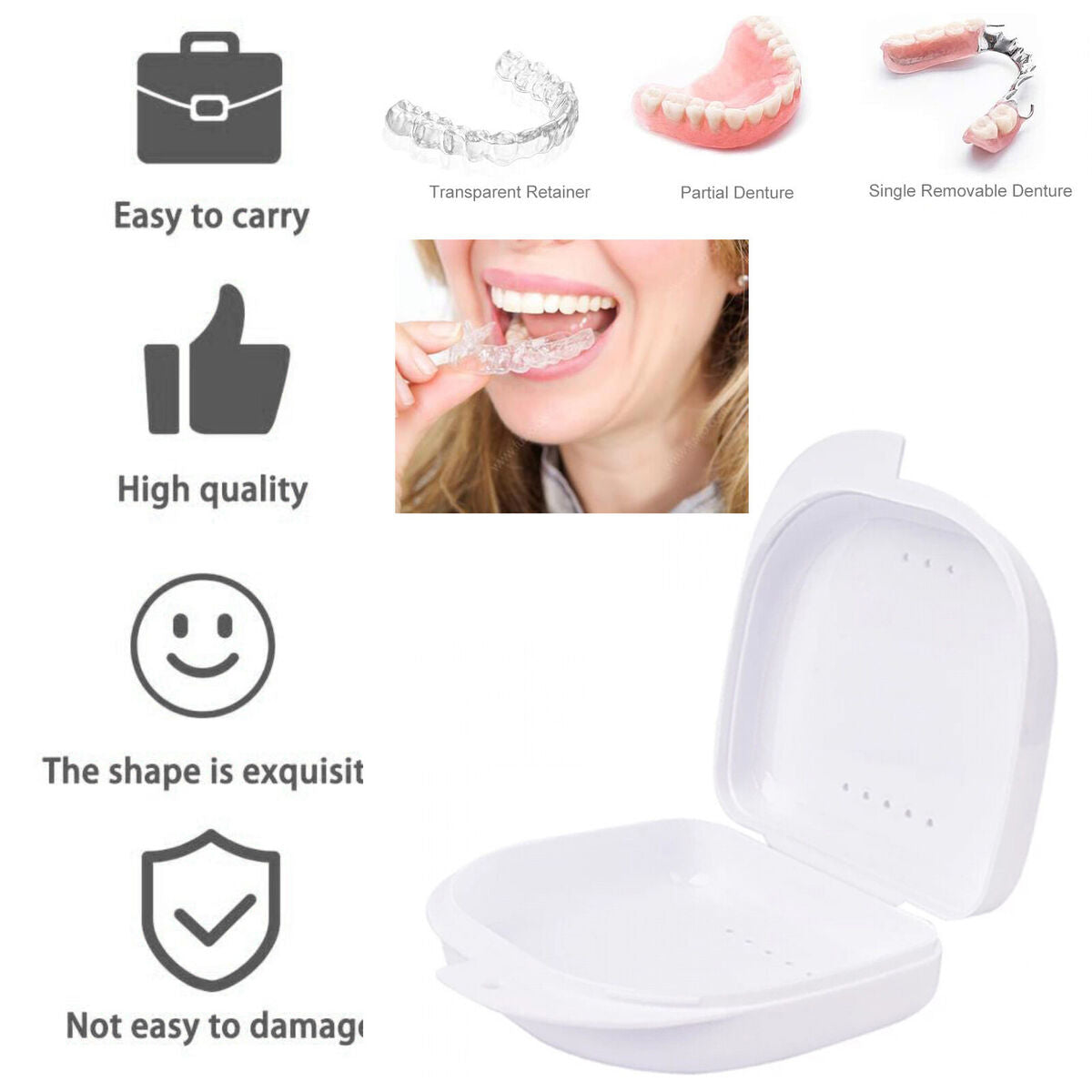 Retainer Box - Orthodontic Denture Mouth Guard Box Oral Care Case (White)
