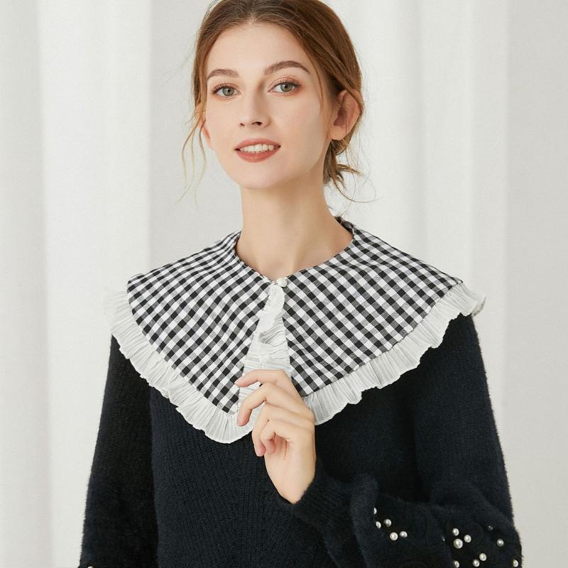 Women Black White Plaid False Collar Shawl Student Ruffles Necklace Mini Capelet