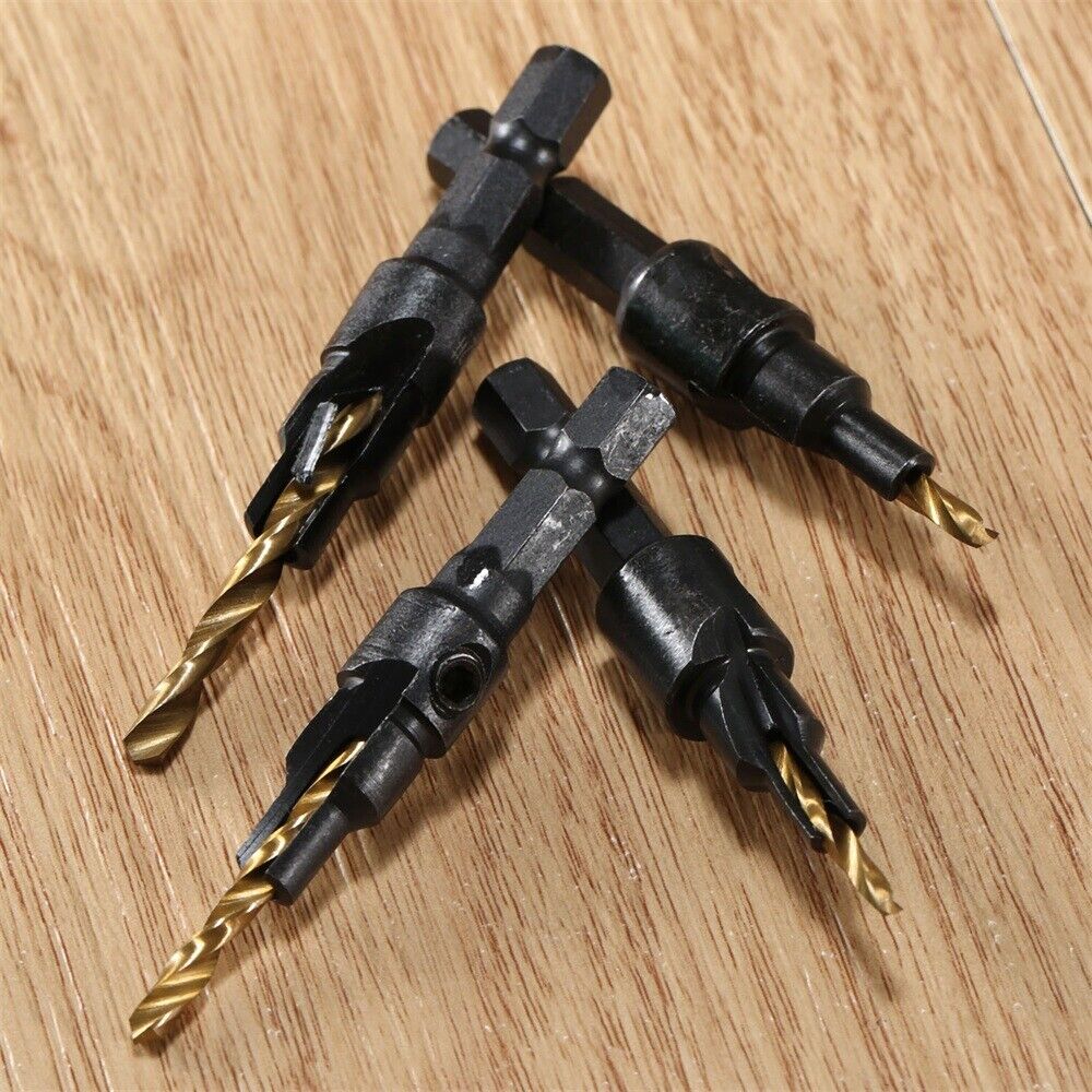 4x HSS Ti Titanium-coated Countersink Drill Bits Kit Hex Shank Woodworking Tool