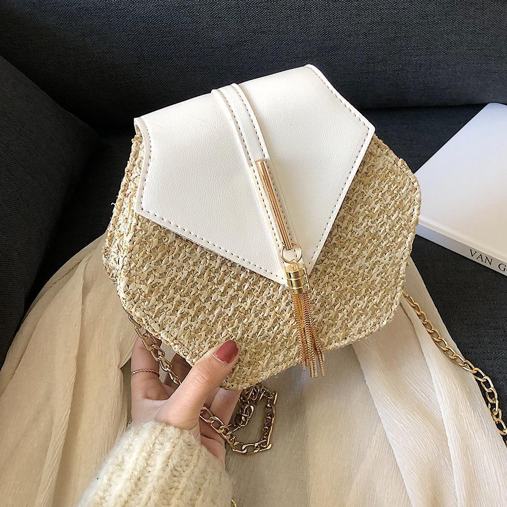 Hex-shape Straw+PU Shoulder Handbags Beach Women Top-handle Bags (White)