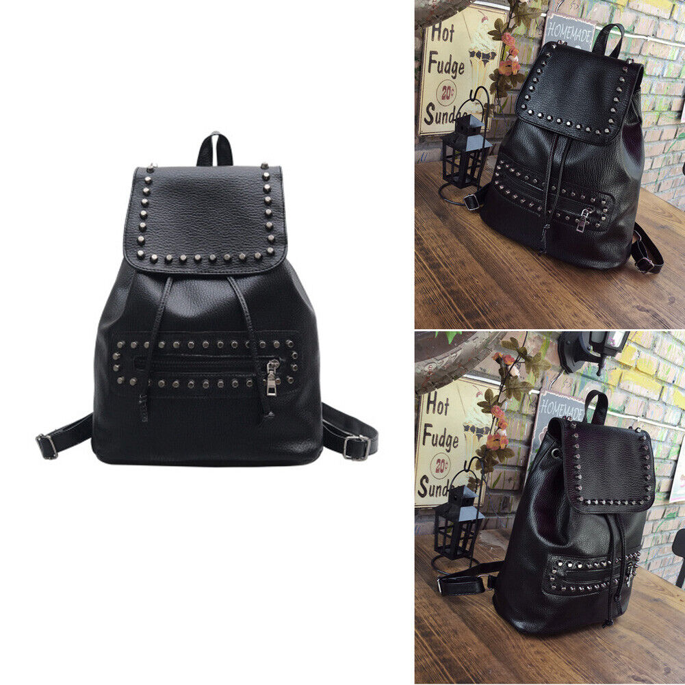 Fashion Women PU Leather Rivet Backpack Casual Girls School Bag Black-13445