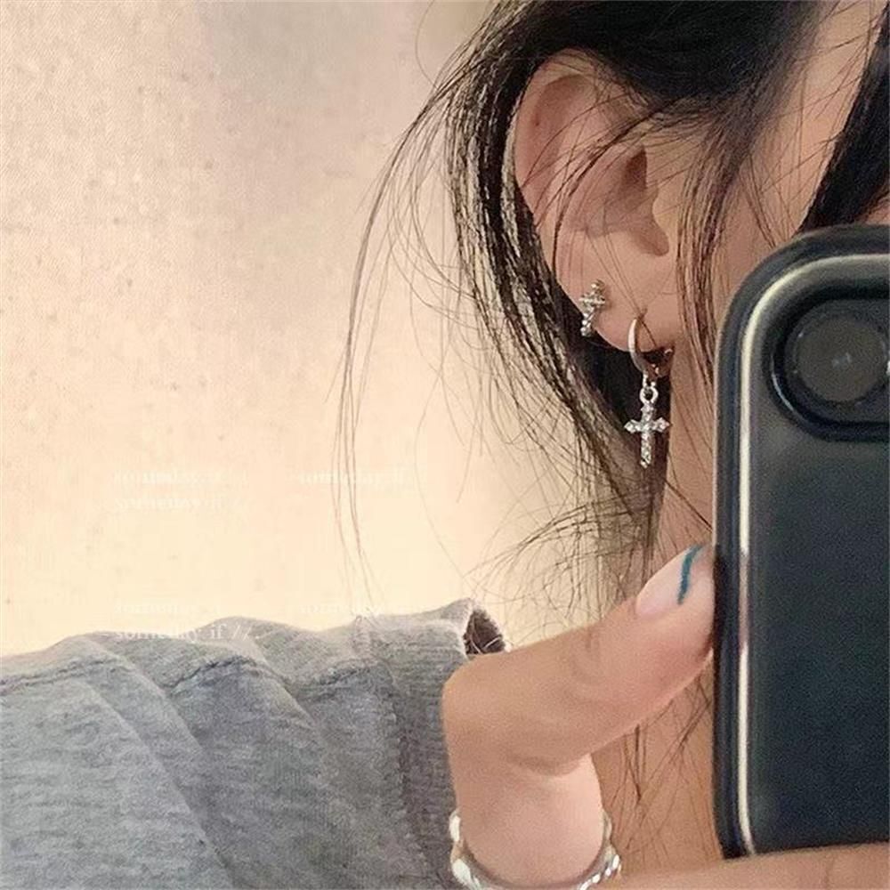Shinning Sparkle Earrings Asymmetry Stud Cross Earrings Zircon Crystal Earrings