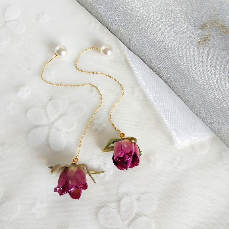 Cute Sweet Red Pressed  Rose Flower Long Drop Earrings Women  Fashion Jewelry