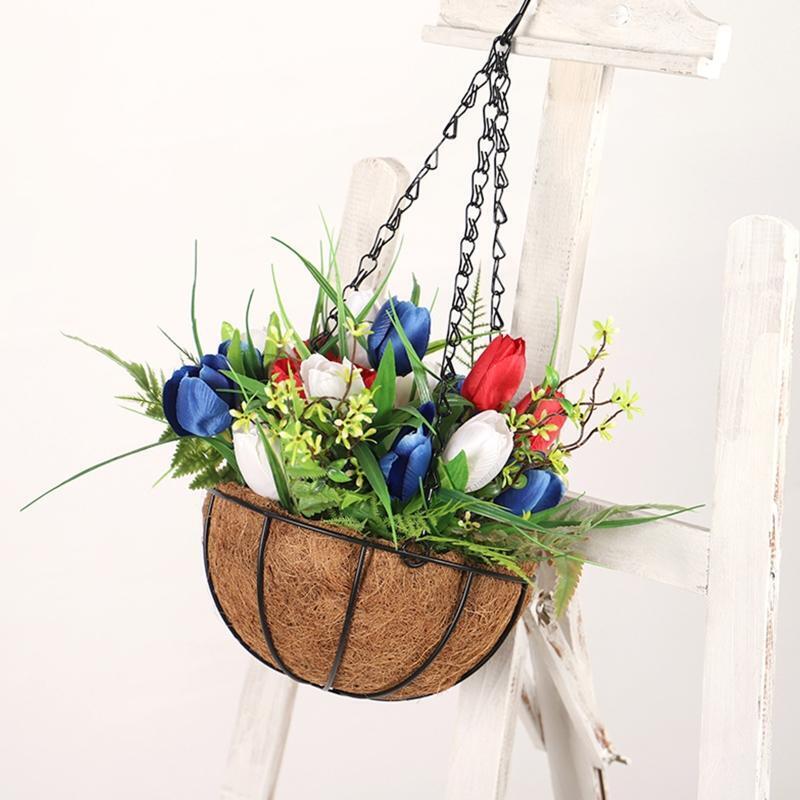 Metal Coir Hanging Basket Red White Blue Tulip Flower Pot Organizer Holder