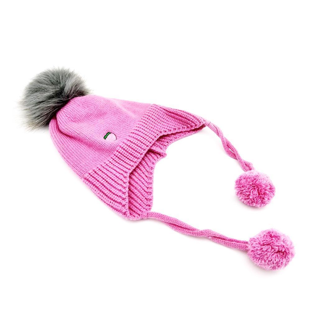 Cute Kids Girls Fruit Print Hat Pompom Beanies Cap Knitted Hats (Rose Red)