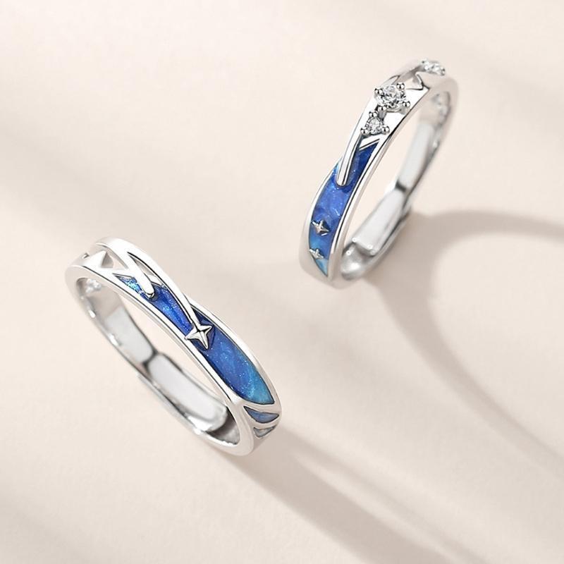 2Pcs Sea Blue Meteoric Star Lover Couple Rings Band Matching Set for Him and Her