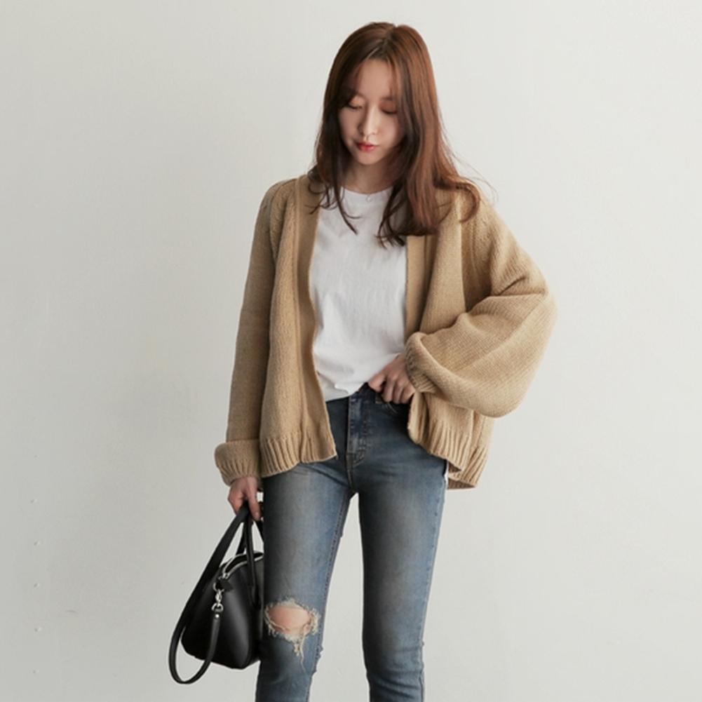 Women Short Style Long-Sleeves Coat Knitted Solid Color Cardigan (Khaki)