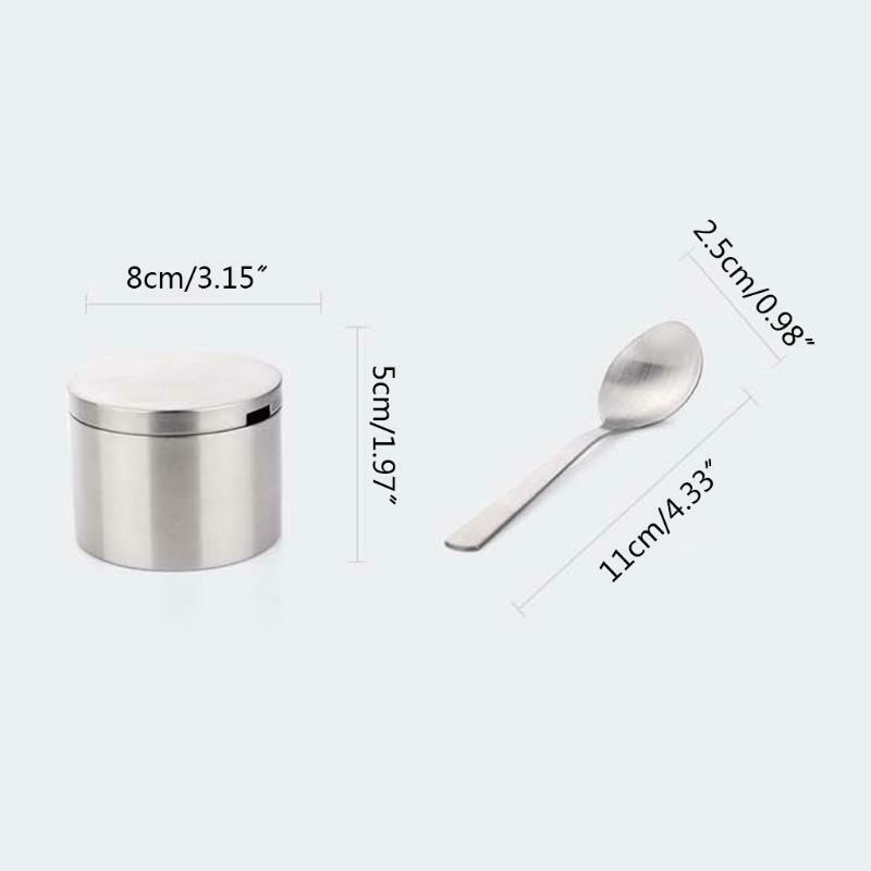 Stainless Steel Sugar Bowl Spoon Seasoning Jar Condiment Pot Spice Container Lid