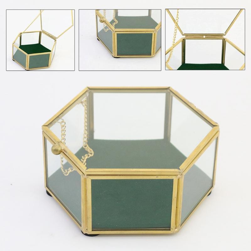 Hexagonal Clear Glass Metal Jewelry Box Decorative Slanted Top Lid Shadow Box
