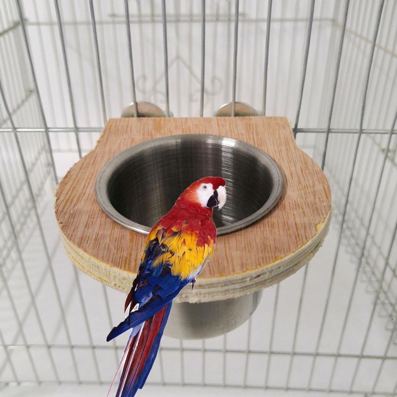 Bird Feeding Dish Detachable Stainless Steel Cups with Wood Clamp Holder