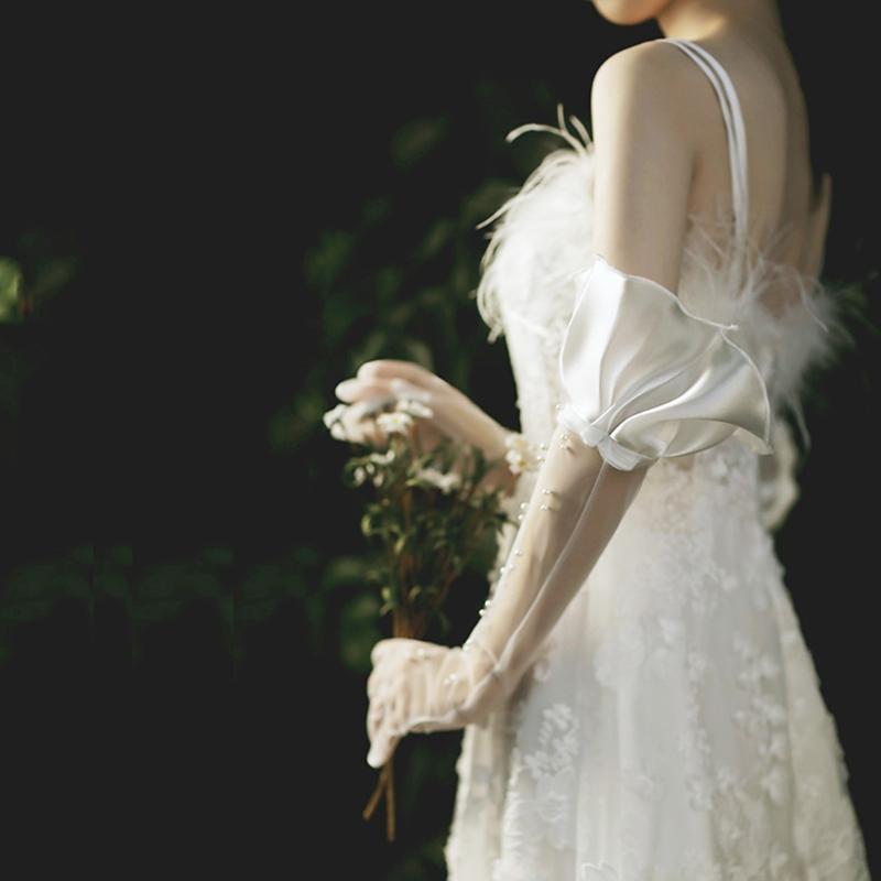 Bridal Tulle Gloves Elbow Length Lace Gloves Elegant Tea Party Wedding Gloves