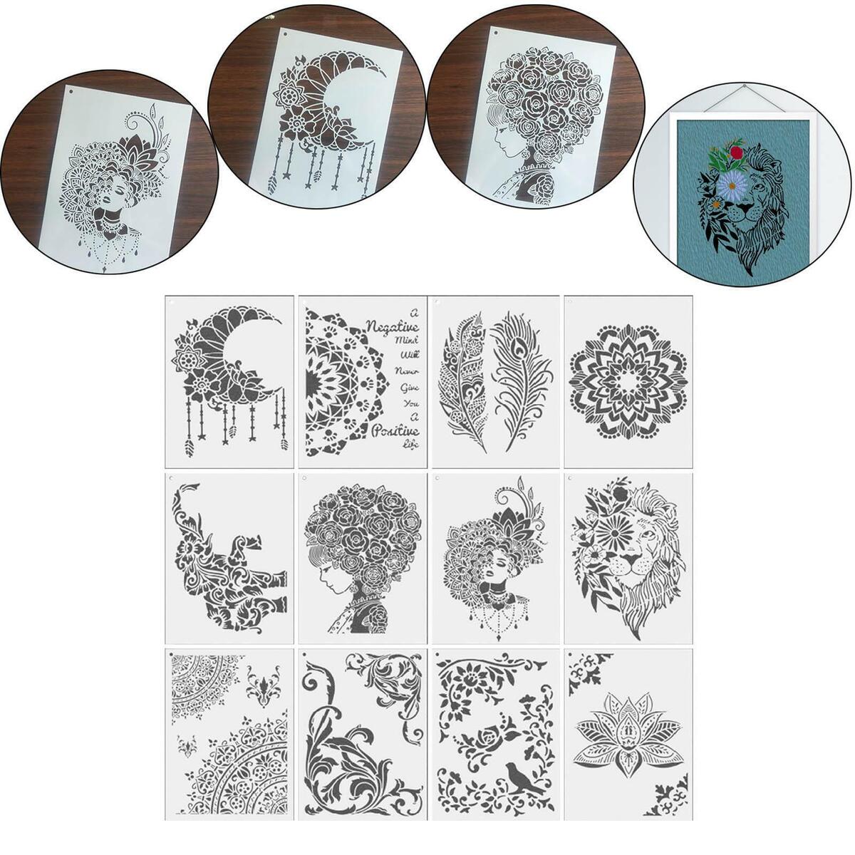 12 Pieces Mandala Stencil Reusable Painting Template for  Fabric