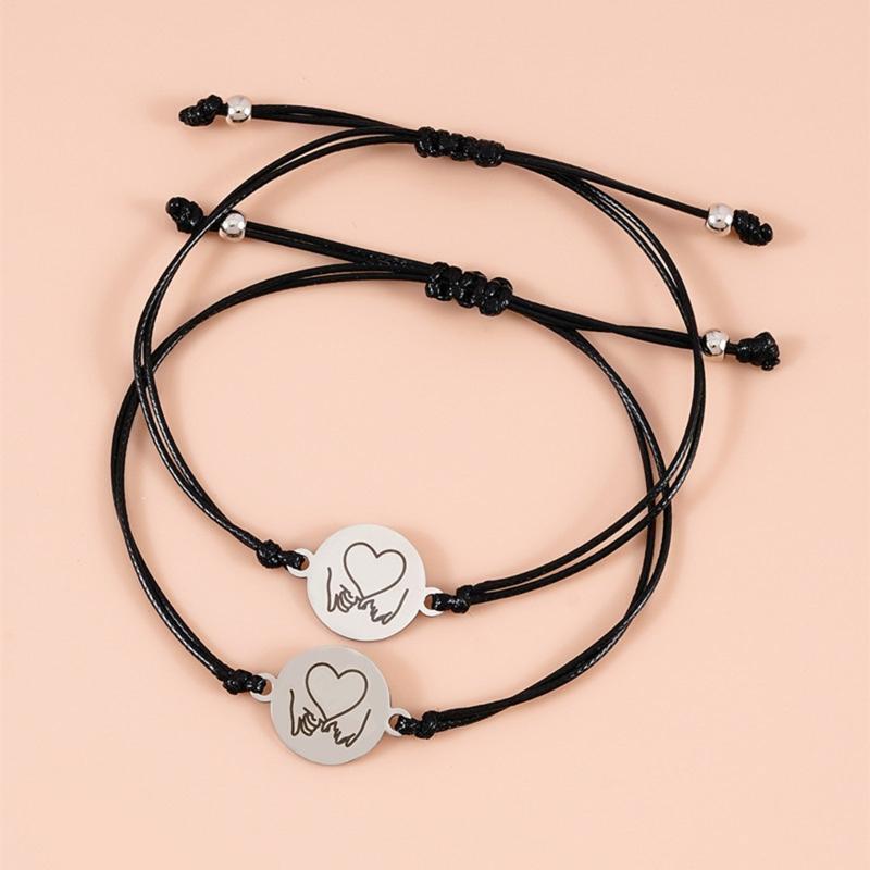 2Pieces Stainless Steel Promise Couple Handwoven Adjustable Card Bracelet