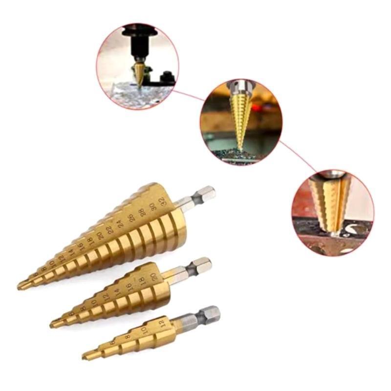 3Pcs Titanium Coated Step Drill Bit Set HSS Cone Drill Bit with 1/4" Hex  Shank