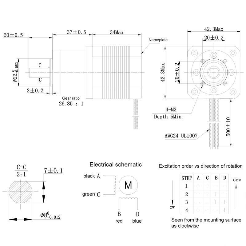 27:1 Planetary NEMA 17 Step Motor 2 Phase 0.067Degree 0.4A Stepping Motor 42mm
