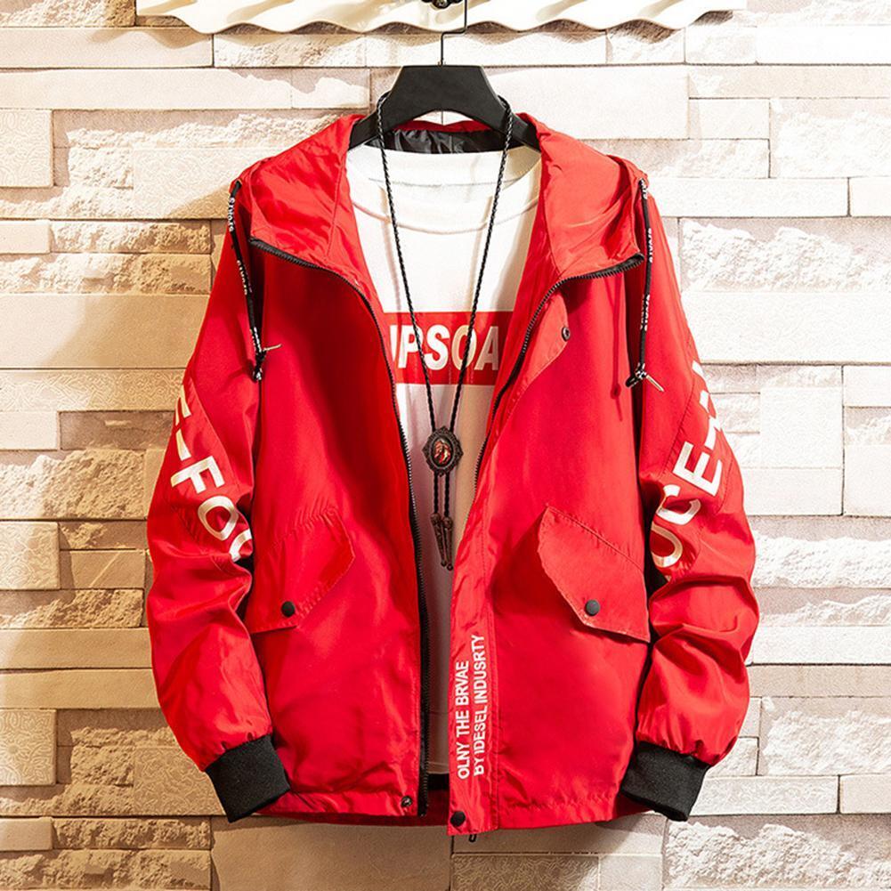 Autumn Winter Men Long-Sleeves Hooded Letters Pockets Jacket (Red L)