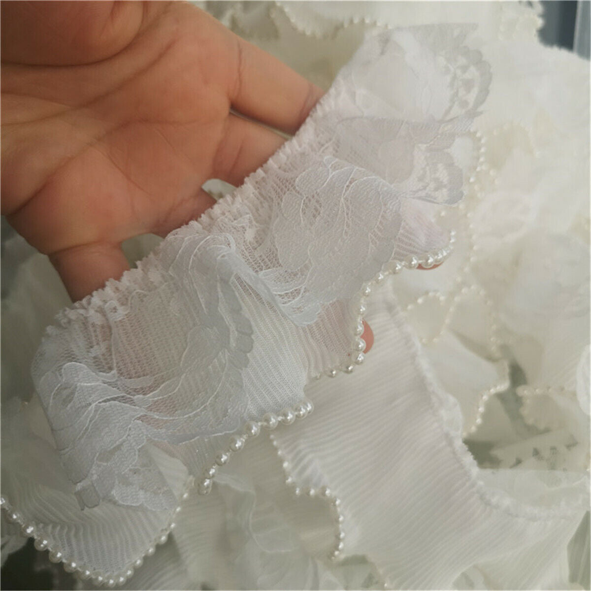 50cm Polyester 2-Layer Bead Pleated Lace Trim Ribbon Dress Cuff Sewing DIY Craft