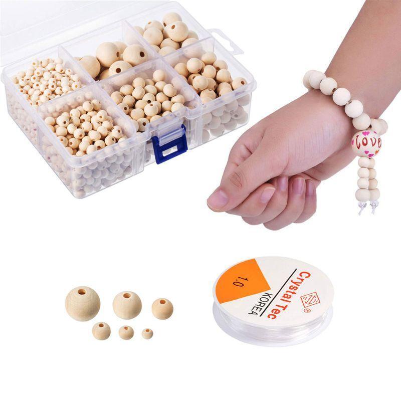 1105Pcs 6 Sizes Wooden Beads Natural Round Wood Beads Kit Jewelry Craft Making