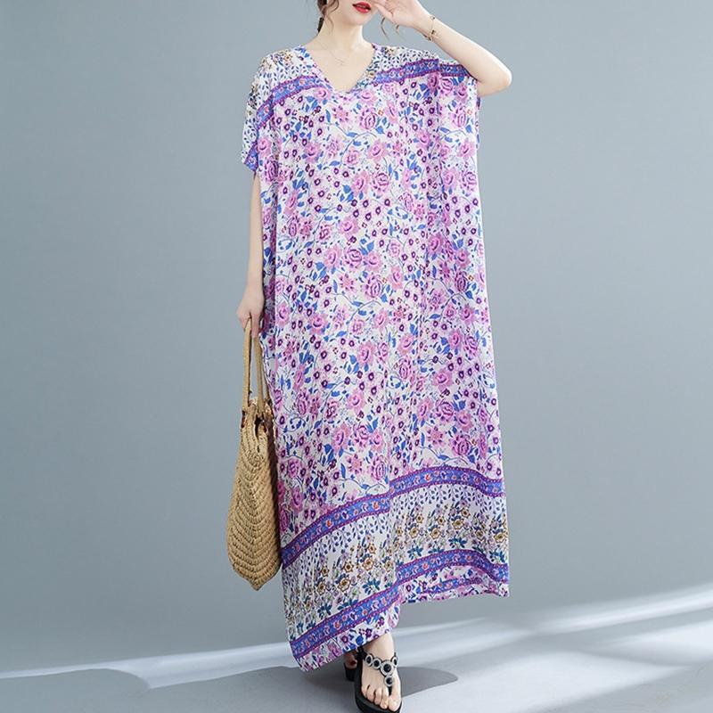 Women Loose Kaftan Swimsuit Cover Up Short Sleeve V-Neck Floral Beach Maxi Dress