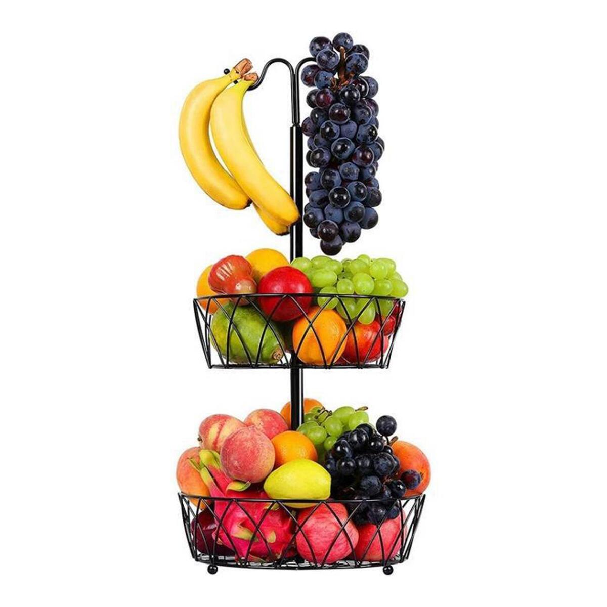 Metal Fruit Basket with Banana Hanger 2 Tier Storage Holder for Counter Home