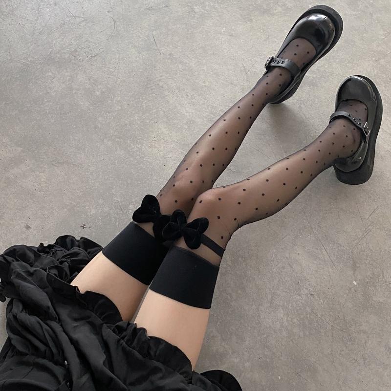 Women Lolita Sheer Thigh High Stockings Polka Dot Sweet Big Bow Over Knee Socks